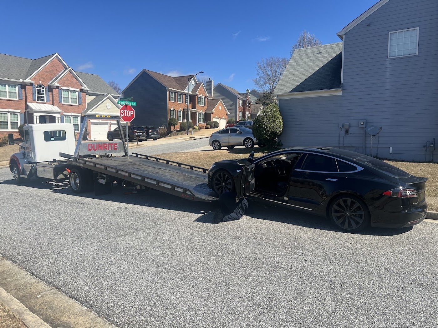 Flatbed on a residential street